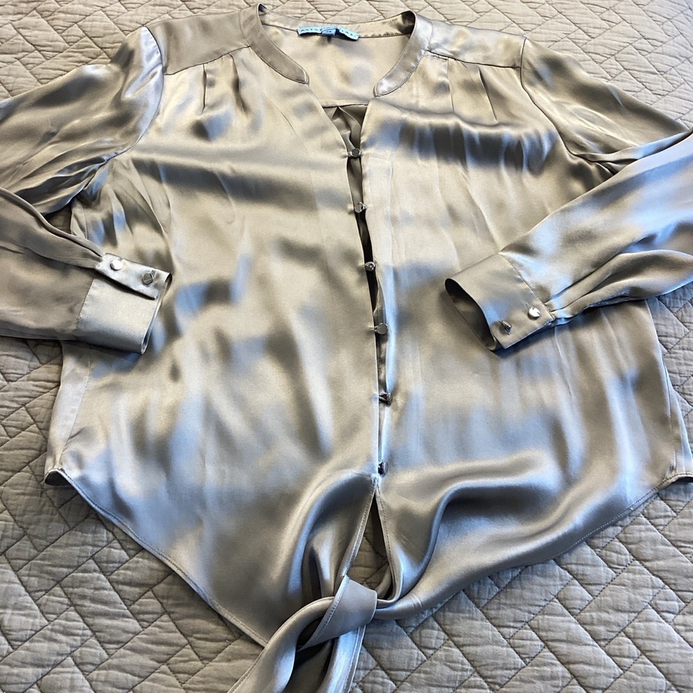 ANTONIO MELANI 100% Silk Shimmering Silver Tie Front Blouse Sz XS - Picture 11 of 12
